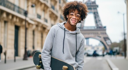 Young african male with skateboard in urban paris street scene for lifestyle and diversity concept