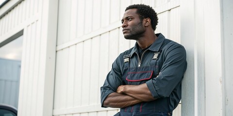 Worker in overalls contemplating against industrial backdrop