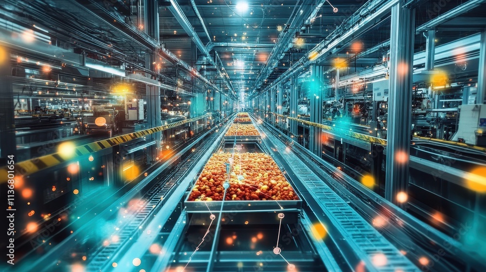 Poster futuristic factory assembly line with automated machinery and production