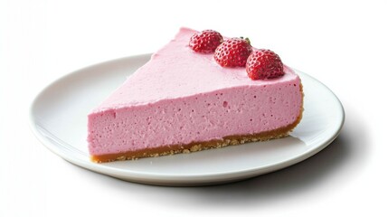 A delightful slice of strawberry mousse cake, decorated with fresh strawberries, showcasing soft and creamy textures.