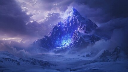 Majestic, glowing blue peak in a stormy, snow-covered mountain range.