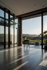 Fototapeta premium Modern living room with large windows showcasing mountain views and a wooden table with a vase.