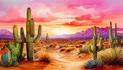 Watercolor cactus desert scene with golden sands and pink sunset skies