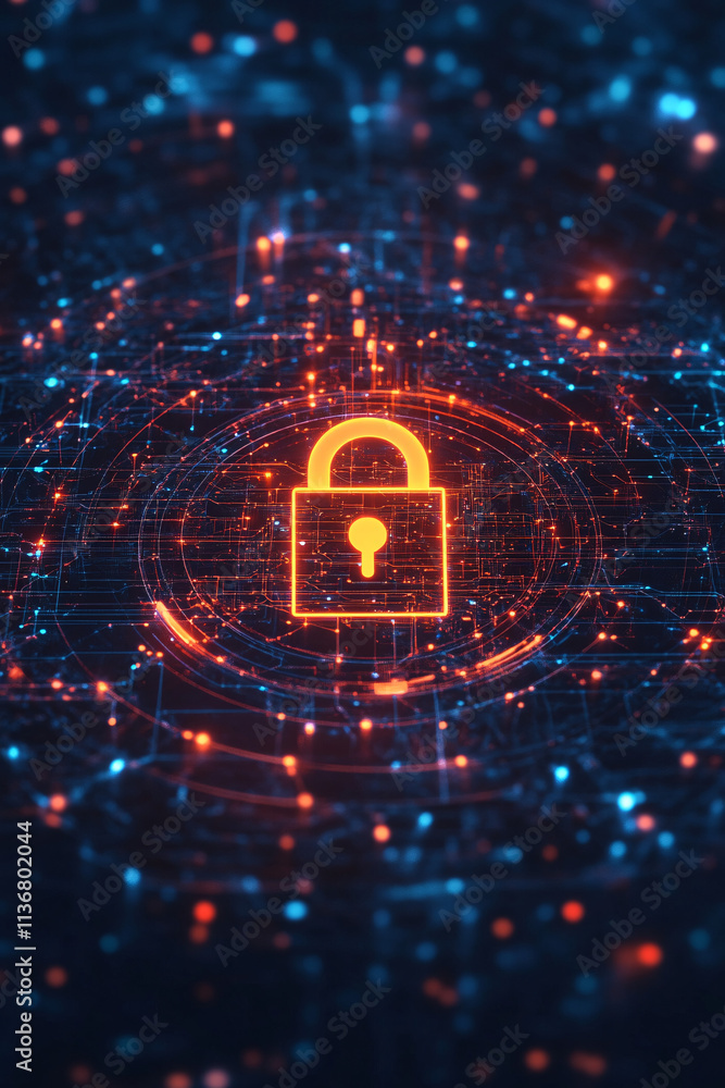 Poster a cyber lock icon surrounded by encrypted data streams, representing cybersecurity, digital privacy,