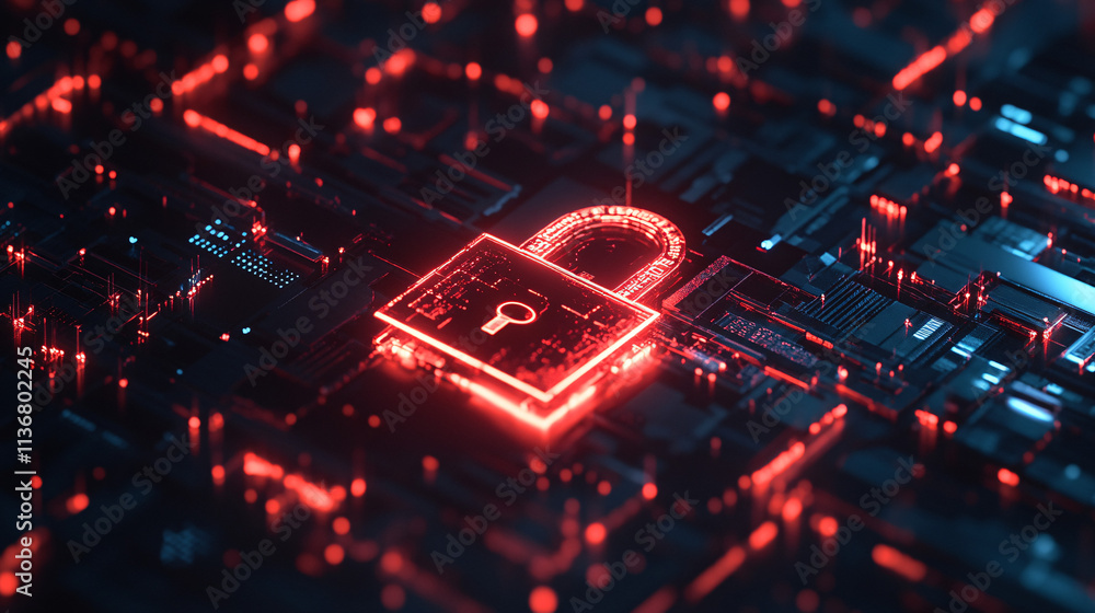 Poster a cyber lock icon surrounded by encrypted data streams, representing cybersecurity, digital privacy,