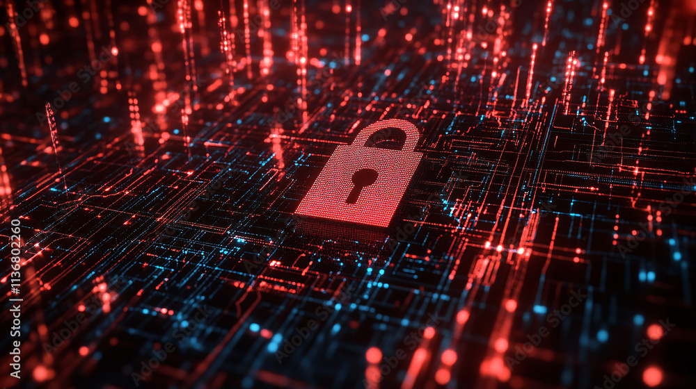 Poster a cyber lock icon surrounded by encrypted data streams, representing cybersecurity, digital privacy,