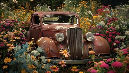 Old car in the garden. Photo in old color image style.