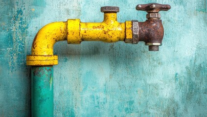 An aged, rusty yellow tap on a pipe presented against a textured turquoise wall, showcasing vintage charm.