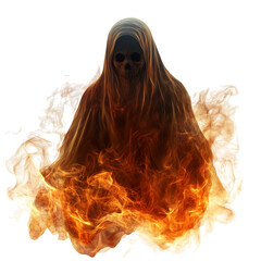 A 3D rendering of a scary ghost surrounded by flames, with an eerie glow, isolated against a transparent background, perfect for Halloween or spooky-themed designs.