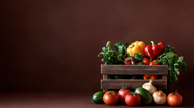 Wooden crate with vegetables on brown background with space for copy