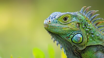 Fototapeta premium An elegant green lizard captured in profile, displaying its bright scales and unique features against a soft background.