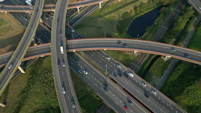 Slowly descending footage of a cloverleaf interchange highway, The Haque, Holland.