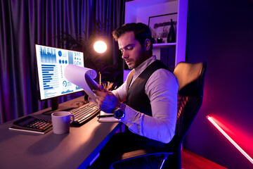 Serious smart businessman focusing on paperwork report folder analyzing sales channel discipline's...