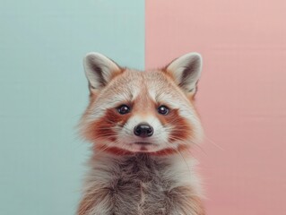 Obraz premium A cute fox with a fluffy coat poses against a pastel-colored background, showcasing its expressive eyes and charming features.