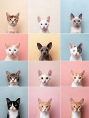 Fototapeta premium A colorful collage of cat faces, showcasing various breeds and expressions against pastel backgrounds.