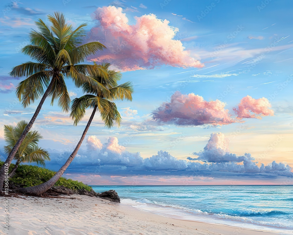 Poster tranquil beach scene at sunset featuring swaying palm trees and soft pink clouds in a serene sky.