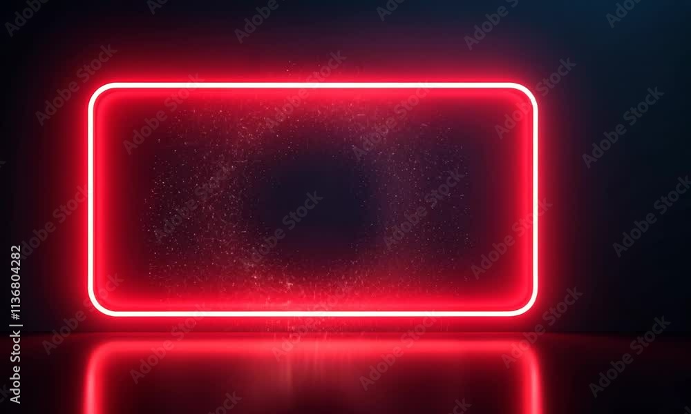 Poster neon light rectangle with sparkling particles on reflective surface
