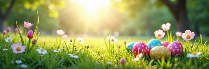 Colorful Easter Eggs Surrounded by Wildflowers and Sunlight in a Serene Garden Setting