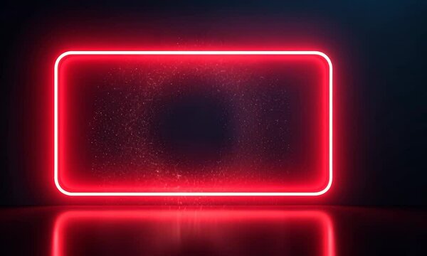 Neon light rectangle with sparkling particles on reflective surface