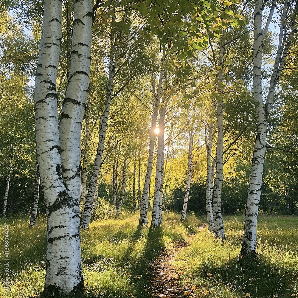 Poster sunlight filtering through birch trees along a serene path nature landscape tranquil environment bri