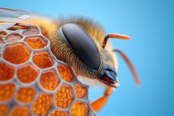 Obraz premium Close-up of a bee showcasing its intricate features and vibrant honeycomb background.