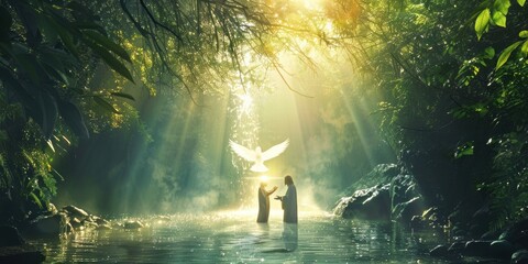 A serene scene of the baptism of Christ in the River Jordan, with John the Baptist gently pouring water over Jesus