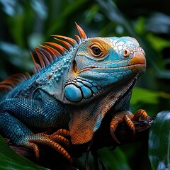 Fototapeta premium Vibrant iguana climbing in lush jungle nature photography tropical environment close-up perspective wildlife conservation