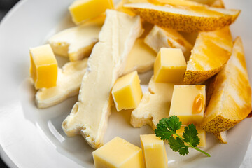 Cheese plate French cheeses fresh tasty food dish delicious gourmet food background on the table rustic food top view copy space