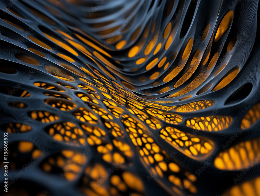 Poster complex abstract topological shape with a lace-like structure, captured in photorealistic detail wit