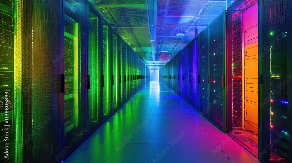 Poster vibrant technological corridor: a futuristic pathway through data center complexity