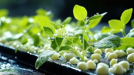 Close-up of green microgreens growing in black tray with fresh radish sprouts, perfect for healthy food blogs, gardening tips, organic farming, natural light highlighting vibrant leaves and soil text