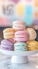 A colorful assortment of macarons displayed on a cake stand.