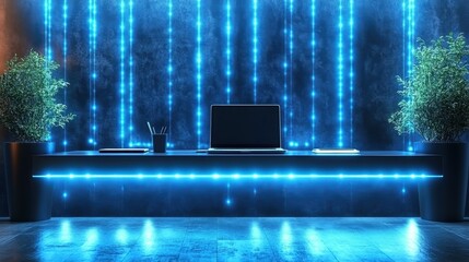 Futuristic reception desk illuminated with blue neon lights, modern workspace technology setup, sleek digital office interior, corporate environment, vibrant glowing ambiance for business and tech ev