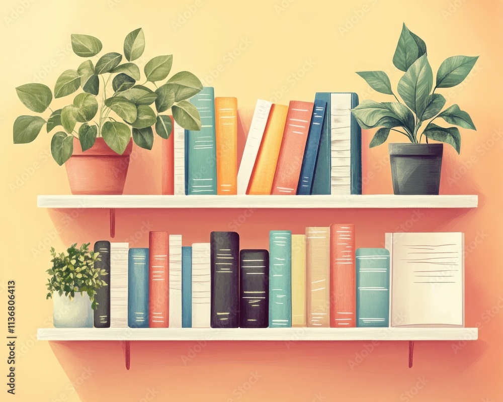 Poster a cozy bookshelf displaying colorful books and vibrant plants, creating a warm and inviting atmosphe