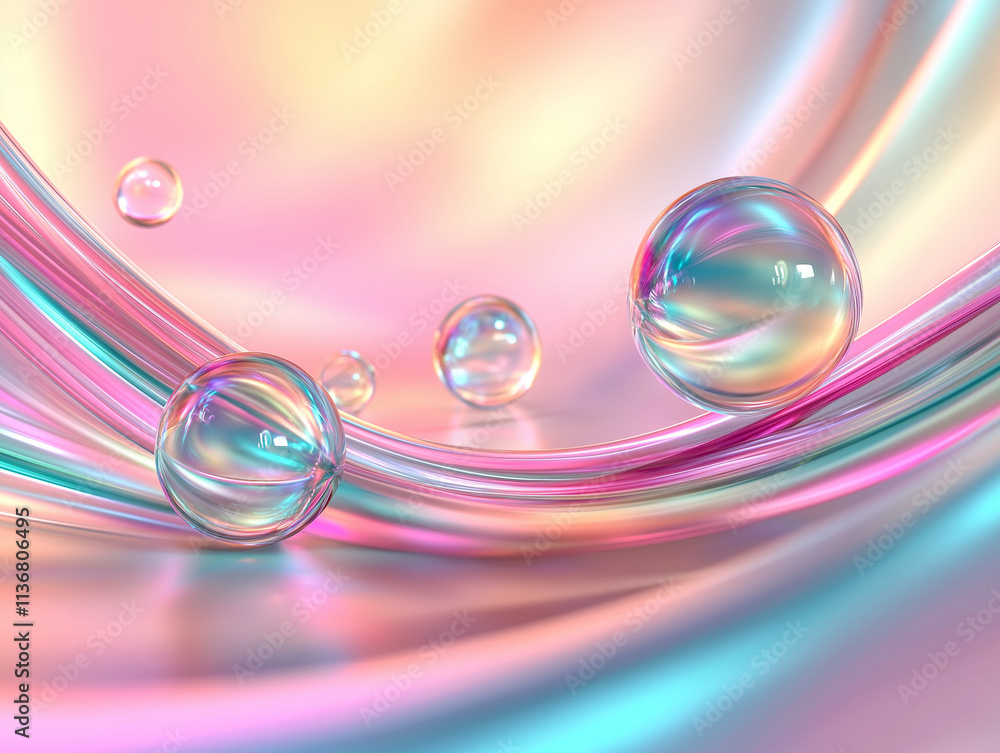 Poster complex abstract topology featuring opal and ruby elements with translucent and iridescent textures,