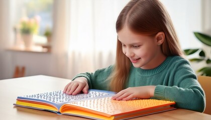 Generated image A visually impaired child learning to read Braille from a colorful, tactile children’s book