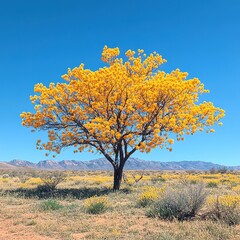 Fototapeta premium Blooming yellow tree in vast desert landscape nature photography bright day scenic view