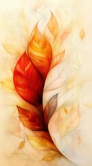 A vibrant abstract representation of layered leaves in autumn colors, showcasing warm reds, oranges, and gentle whites against a soft background.