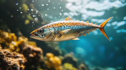 Salmon bites Eating for mental health nature-based Tinned fish Esg fintech EVALI Efishery Aidash NotCo Higher steaks Close-up vibrant mackerel swimming underwater near coral reef, marine life photogr