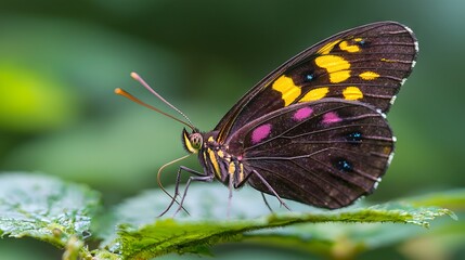 Obraz premium A colorful butterfly perched on a green leaf, showcasing its vibrant patterns.