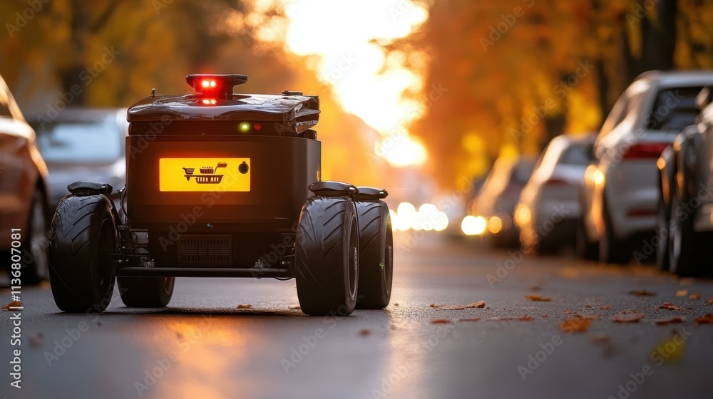 Poster food delivery robots in action an autonomous food delivery robot smoothly maneuvering around parked 