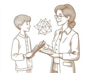 Obraz premium A young boy and a woman engaging in a lively discussion about science concepts, with a geometric illustration in the background.