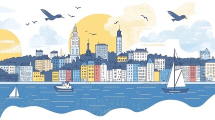 A colorful city skyline with buildings, boats, and a sunset over water.