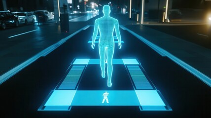 Abstract 3D concept of pedestrian accident prevention, holographic crosswalks with warning systems