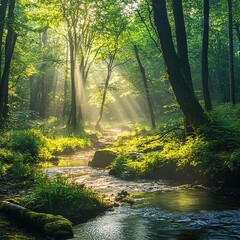 Obraz premium Serene river flowing through lush forest nature landscape photography tranquil environment sunlight rays