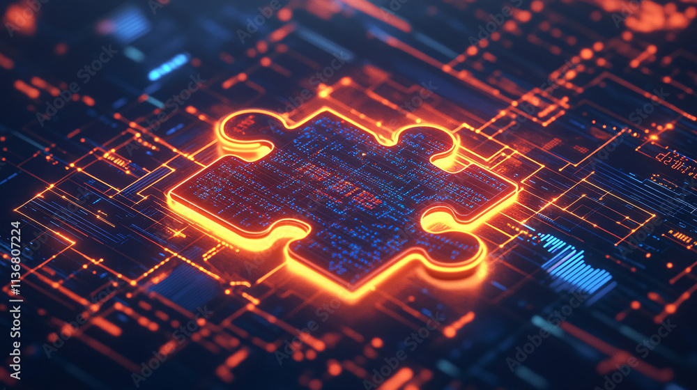 Poster a cyber puzzle piece icon with glowing data charts surrounding it, representing online problem-solvi