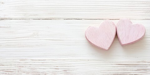 Obraz premium Two delicately crafted pink wooden hearts sit side by side on a rustic white surface, symbolizing affection and connection, perfect for a Valentines Day celebration filled with love and joy