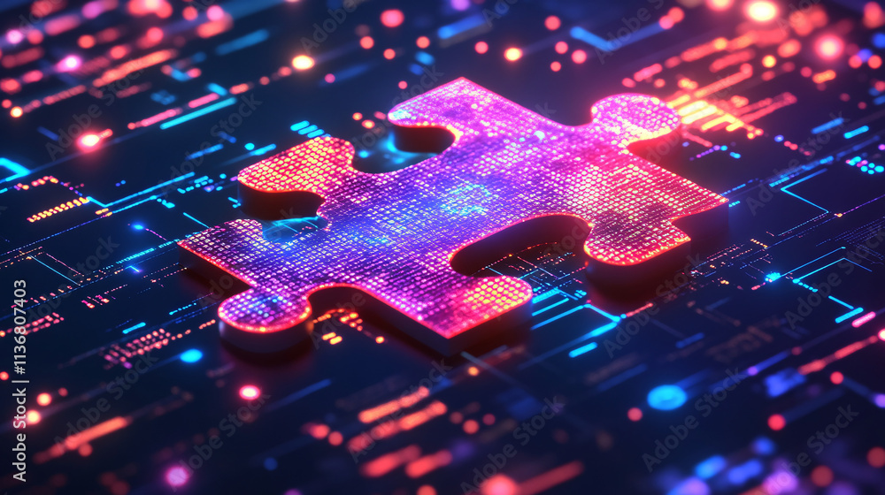 Poster a cyber puzzle piece icon with glowing data charts surrounding it, representing online problem-solvi