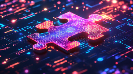 A cyber puzzle piece icon with glowing data charts surrounding it, representing online problem-solving platforms, collaborative tools, and digital brainstorming. 