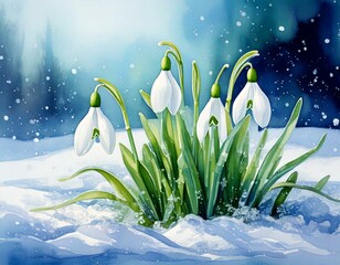 Soft watercolor snowdrops emerging through melting snow, symbolizing rebirth with copy space